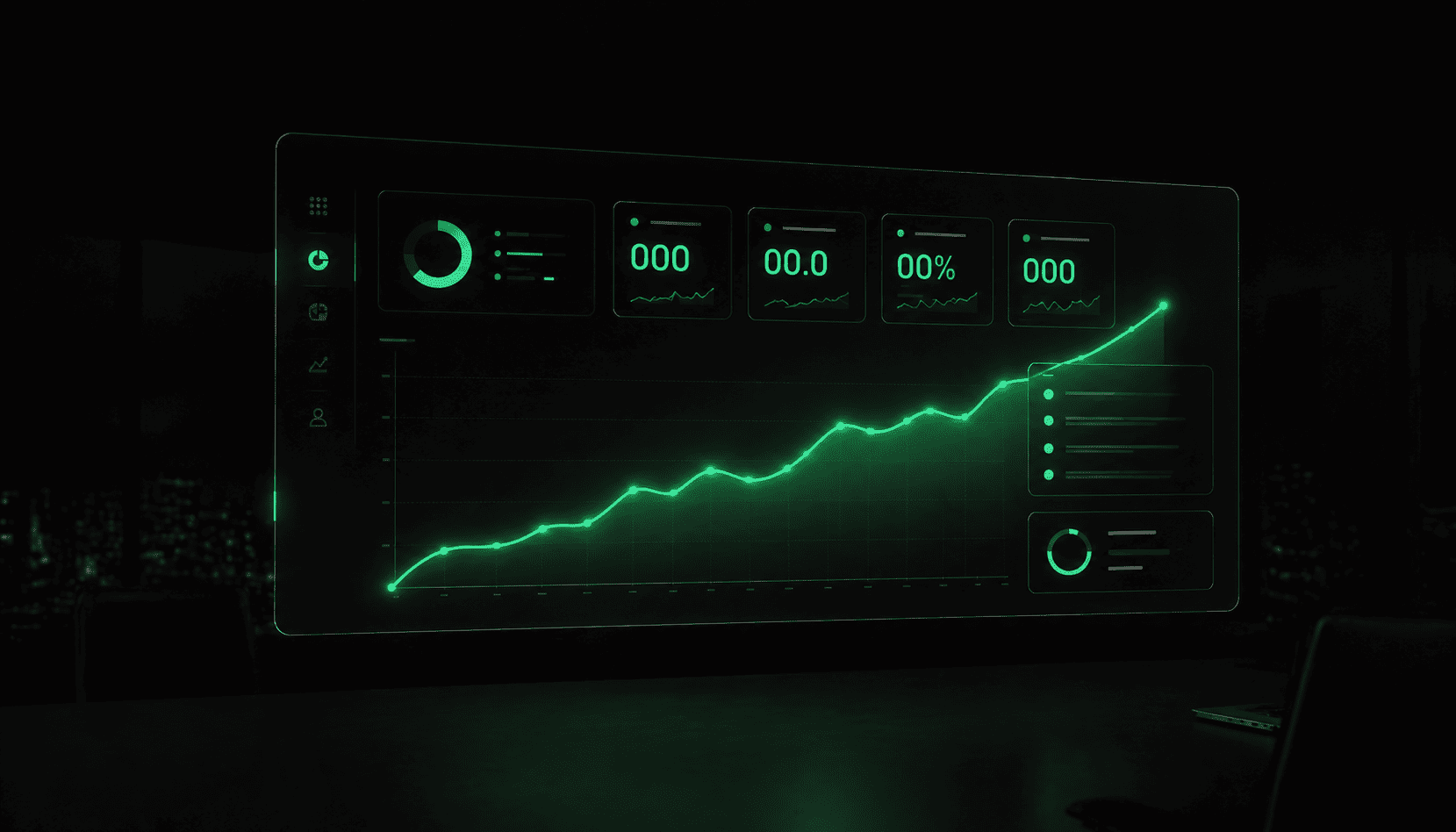 Dashboard analítico oscuro con un gráfico ascendente verde neón cruzando la pantalla.