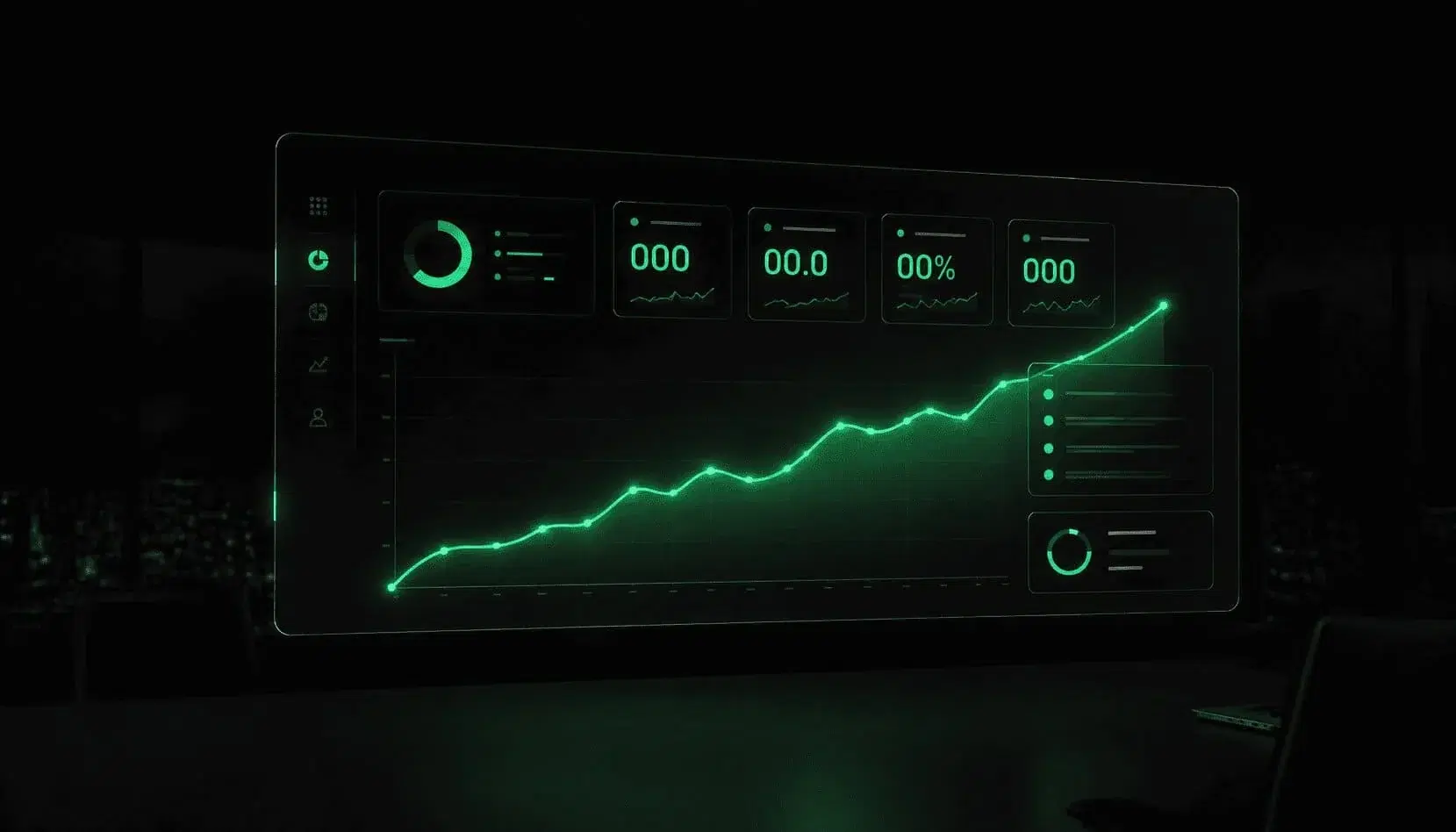 Dashboard analítico oscuro con un gráfico ascendente verde neón cruzando la pantalla.