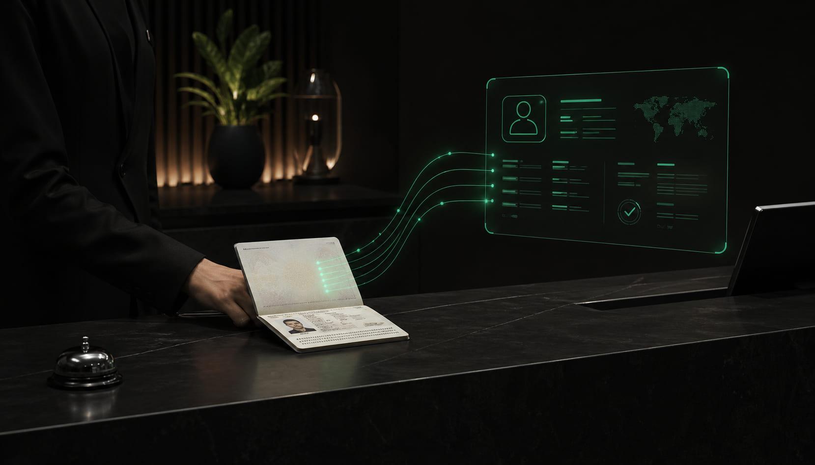 Recepcionista escaneando un pasaporte con líneas de datos verdes fluyendo hacia un monitor.