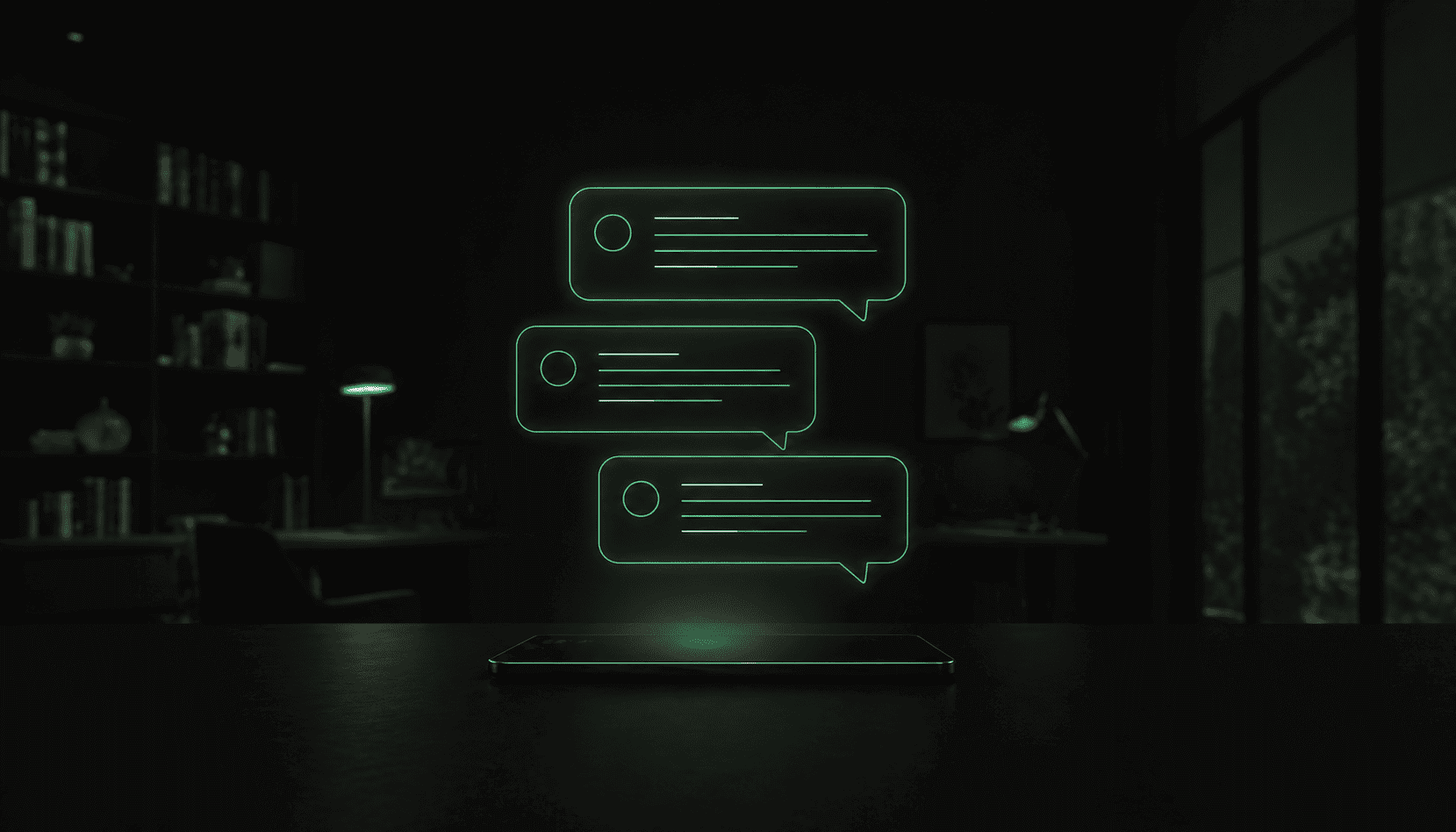 Conversación de chat en estilo holográfico con burbujas de mensaje de bordes verde neón.