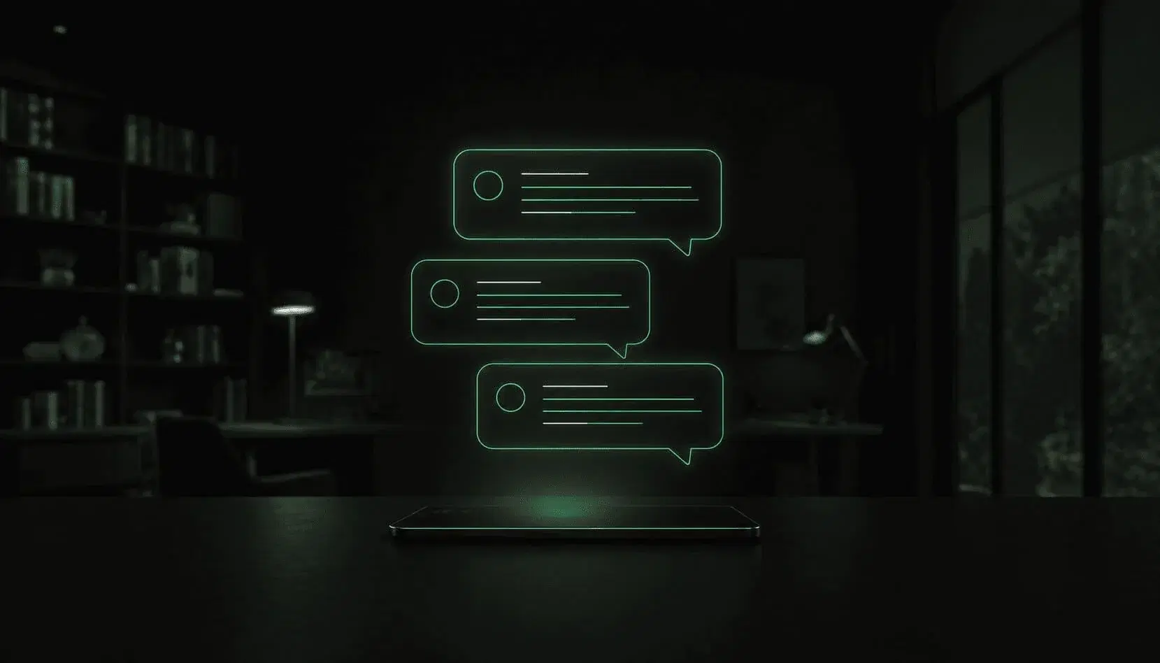 Conversación de chat en estilo holográfico con burbujas de mensaje de bordes verde neón.