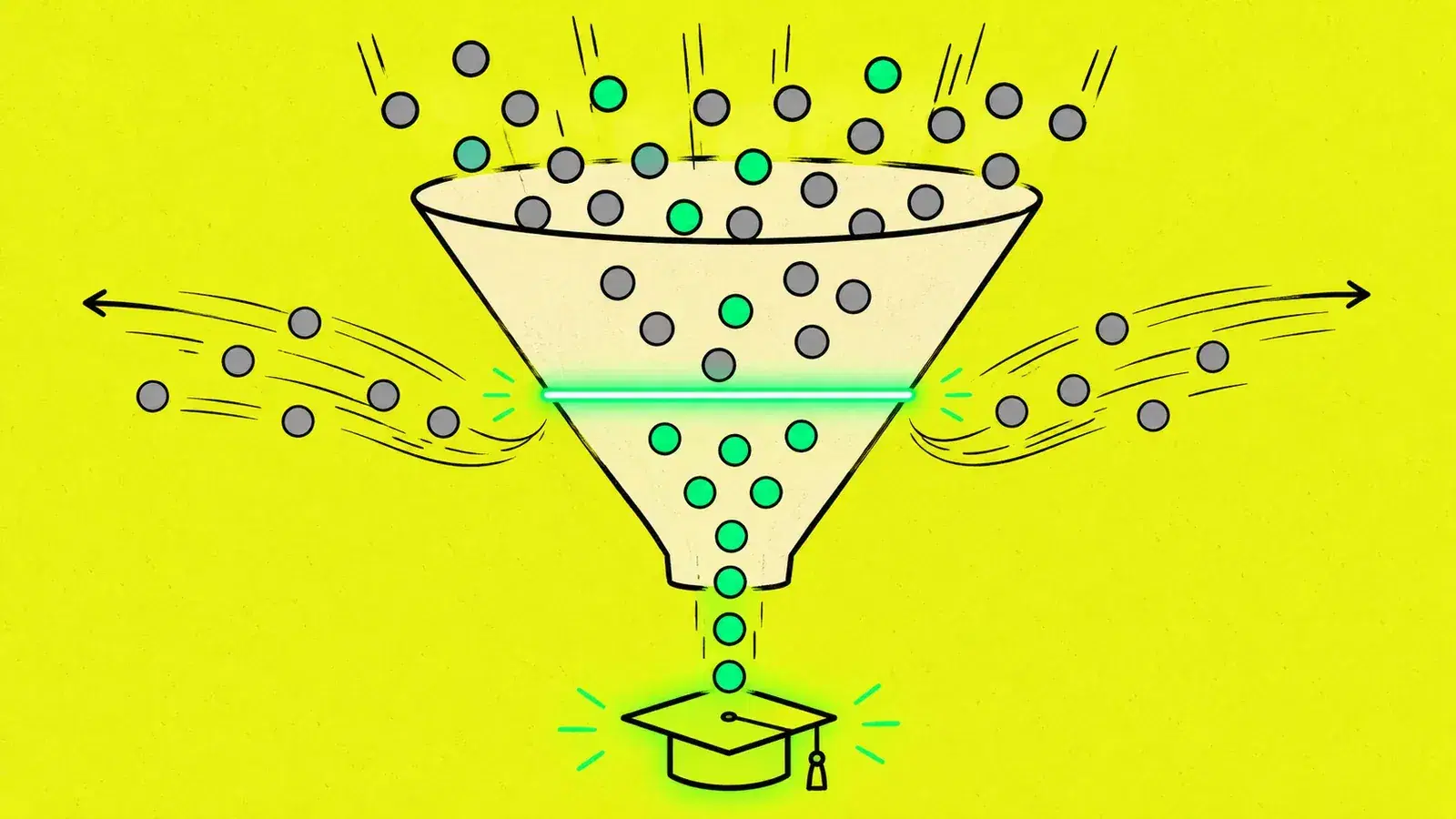 Ilustración editorial: embudo con dots filtrando leads en verde sobre fondo amarillo lima, símbolo de filtrado inteligente.