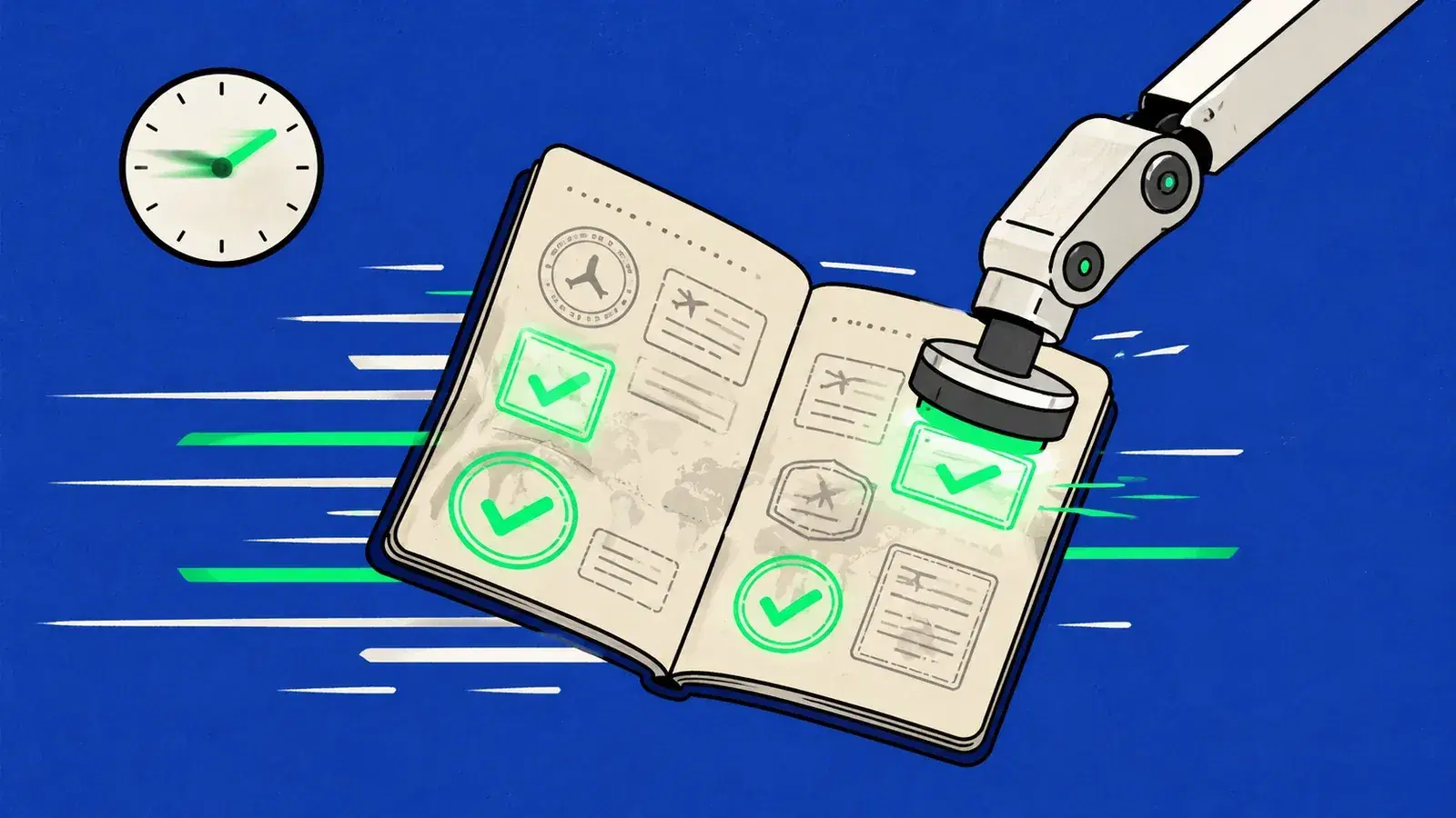 Ilustración editorial: pasaporte sellado con marcas verdes sobre fondo azul cobalto, símbolo de check-in automatizado.