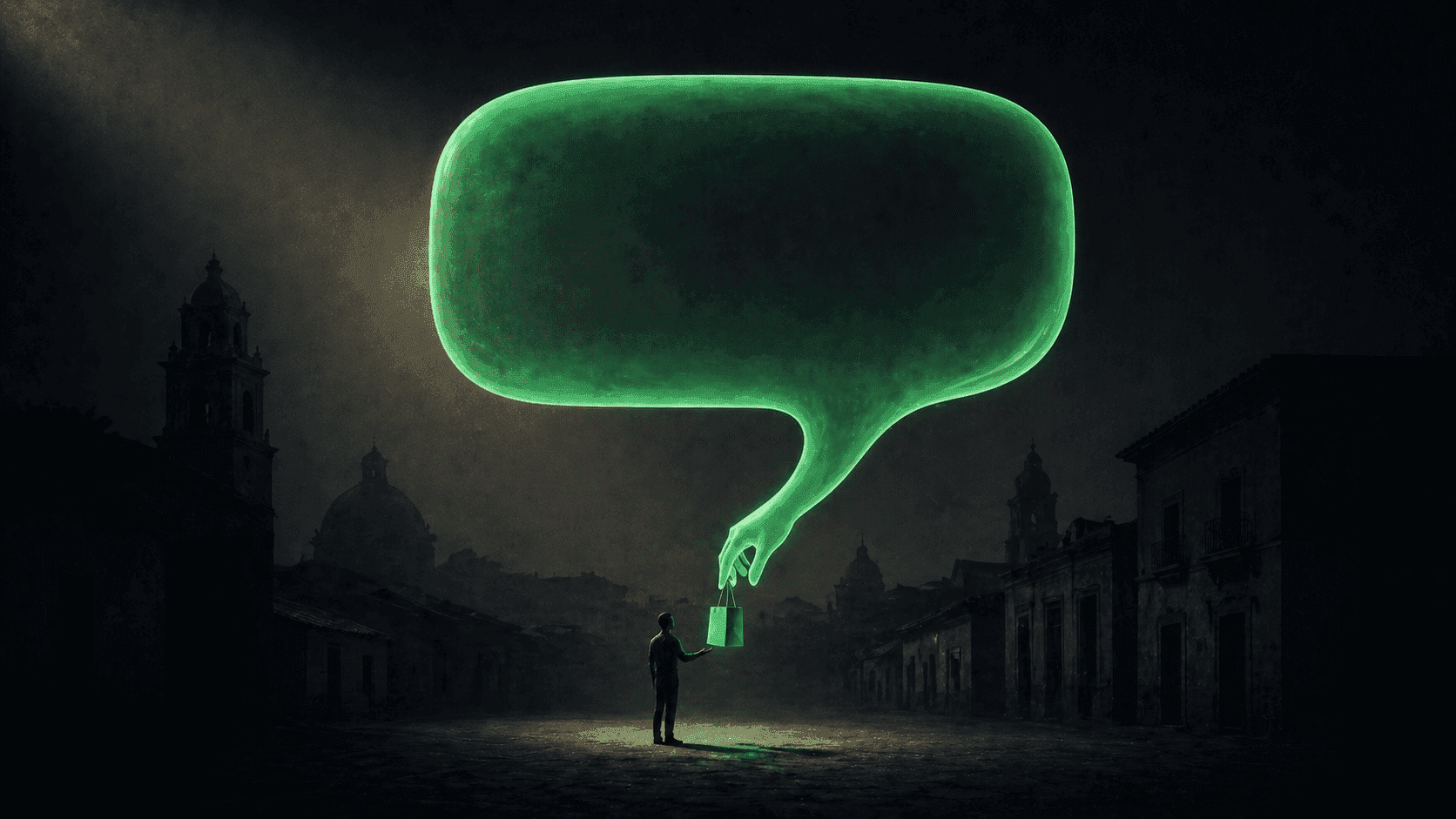 Pantalla de WhatsApp con burbujas de conversación entre cliente y asistente, sobre un fondo verde tenue.