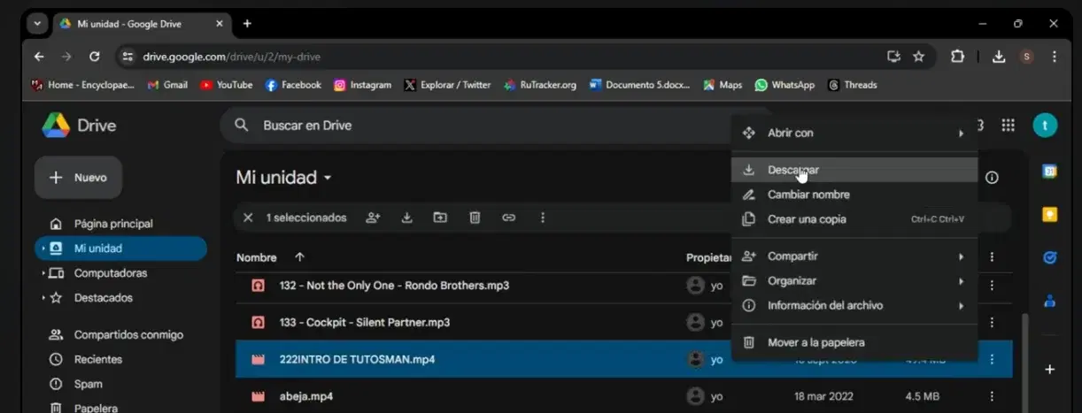 Google Drive — menú contextual del archivo MP4 con la opción Descargar