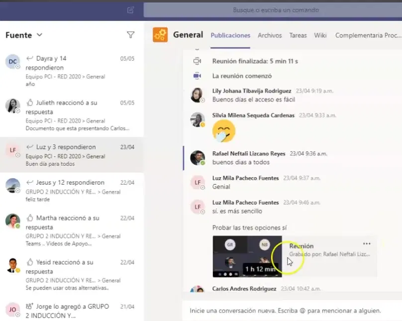 Microsoft Teams — chat de la reunión con la grabación lista para descargar