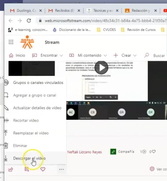 Microsoft Stream — menú del video con la opción Descargar el video