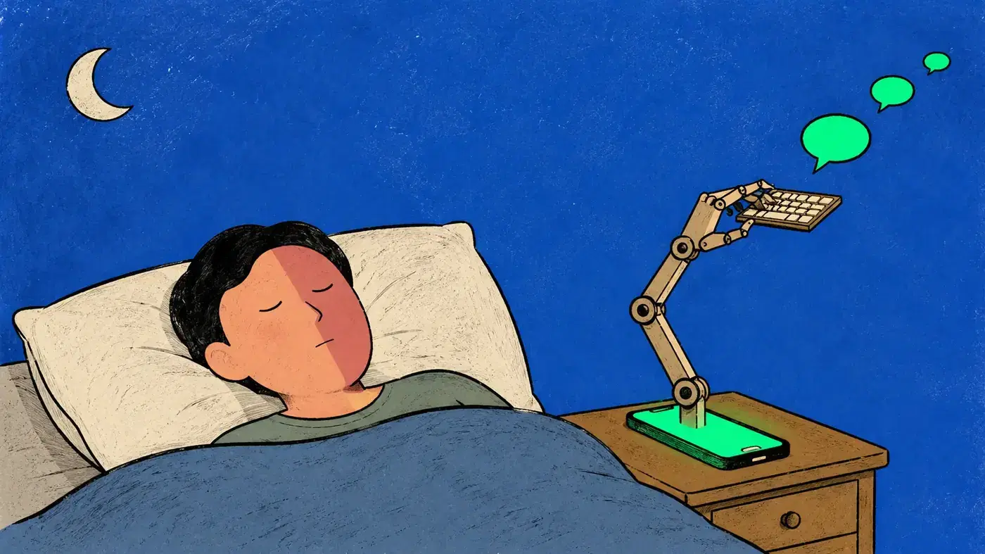 Persona durmiendo plácidamente en la cama mientras un brazo robótico emerge de su celular y envía burbujas de chat verdes a la noche. Ilustración editorial con textura risograph sobre fondo azul cobalto.