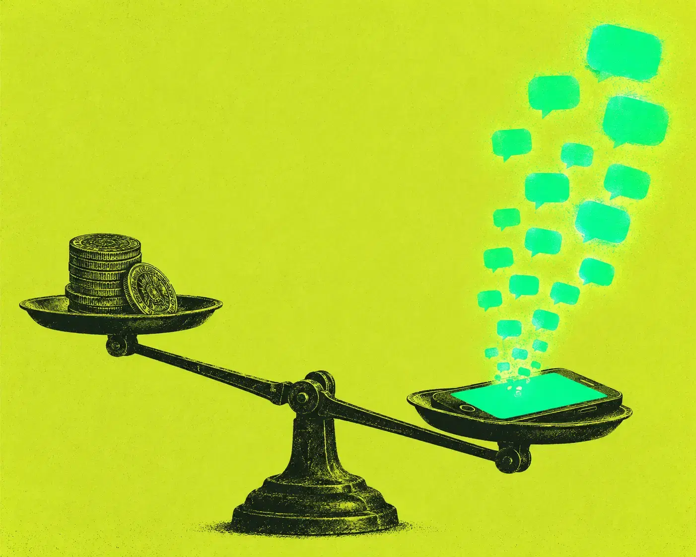 Una balanza de tinta oscura equilibra, de un lado, una pila de monedas de sol peruano y, del otro, un teléfono con burbujas de chat verdes que se multiplican. Ilustración editorial con textura risograph sobre fondo lima.