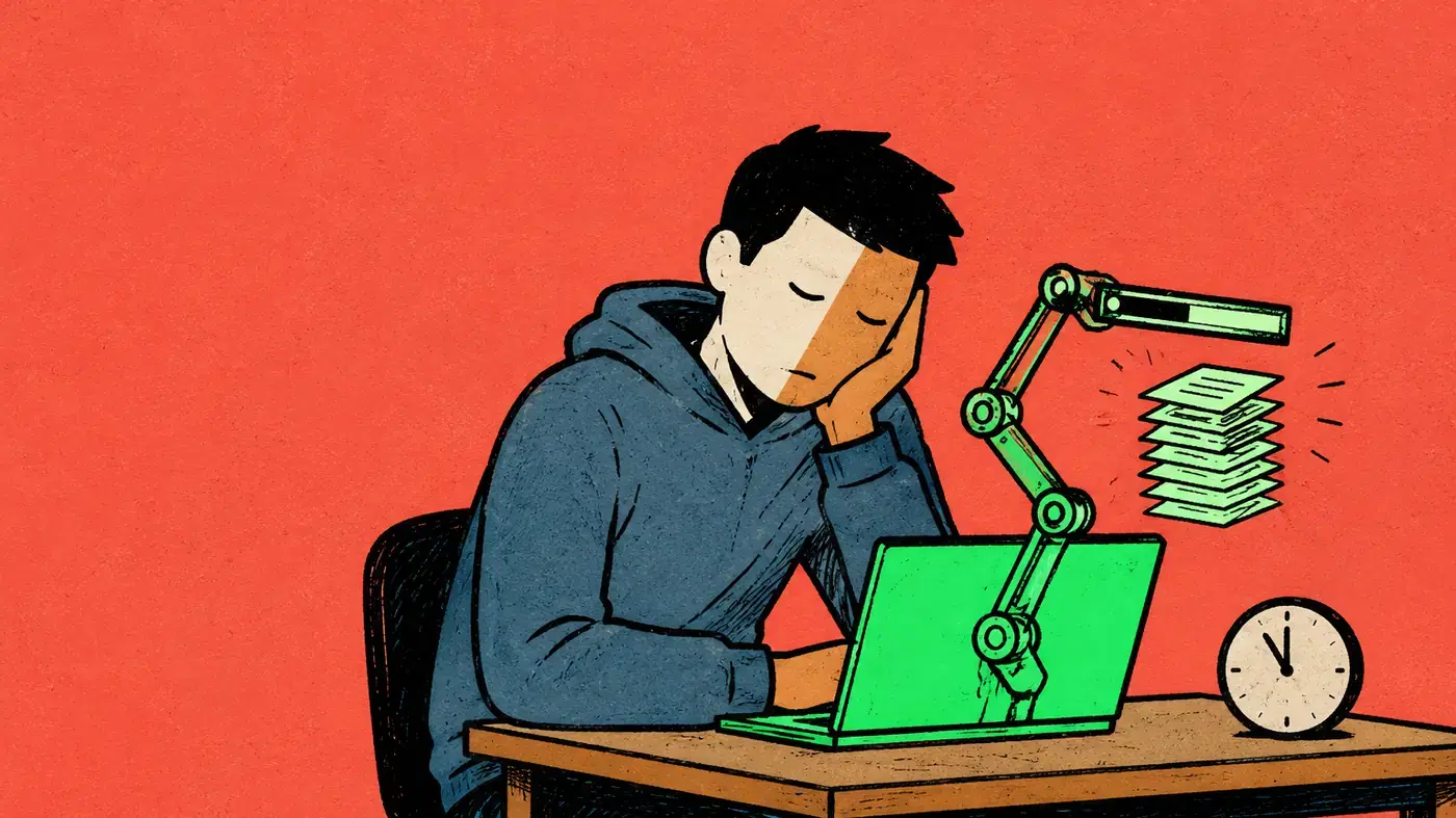 Un estudiante mira su laptop pasada la medianoche mientras la barra de una videollamada grabada se transforma en líneas de apuntes; un reloj de tinta oscura marca casi las doce. Ilustración editorial con textura risograph sobre fondo lima.