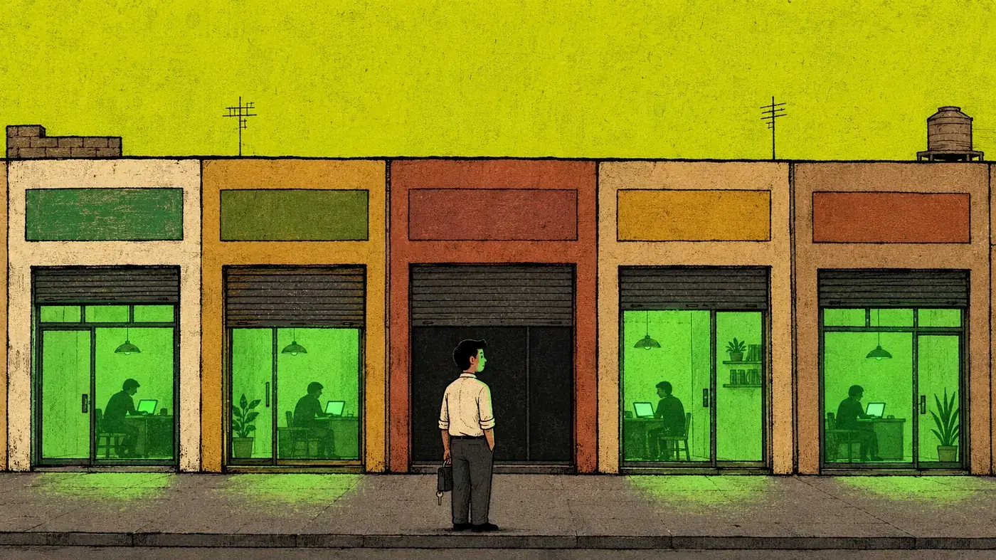 Un empresario parado solo en la vereda mira hacia la tienda iluminada de su vecino. Su propia tienda, en el centro de una fila de pequeños negocios peruanos, está a oscuras. Por las ventanas vecinas se ven siluetas trabajando con pantallas verdes. Ilustración editorial con textura risograph sobre fondo lima.